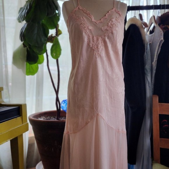 Vintage America Other - Pink Satin nightie, vintage 1990s nightgown w sheer ruffle and pearls